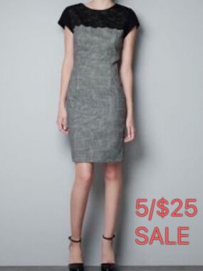 Zara Short Sleeve Midi Sheath Dress Plaid Lace Black Gray Size XS 5/$25 Sale